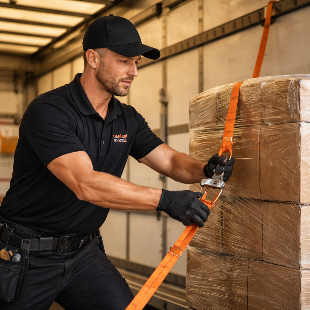 Bag and Book it professional driver securing a load in a branded truck