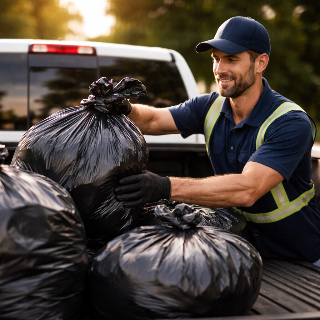 Bag and Book it team member safely loading securely tied garbage bags from an event into the truck