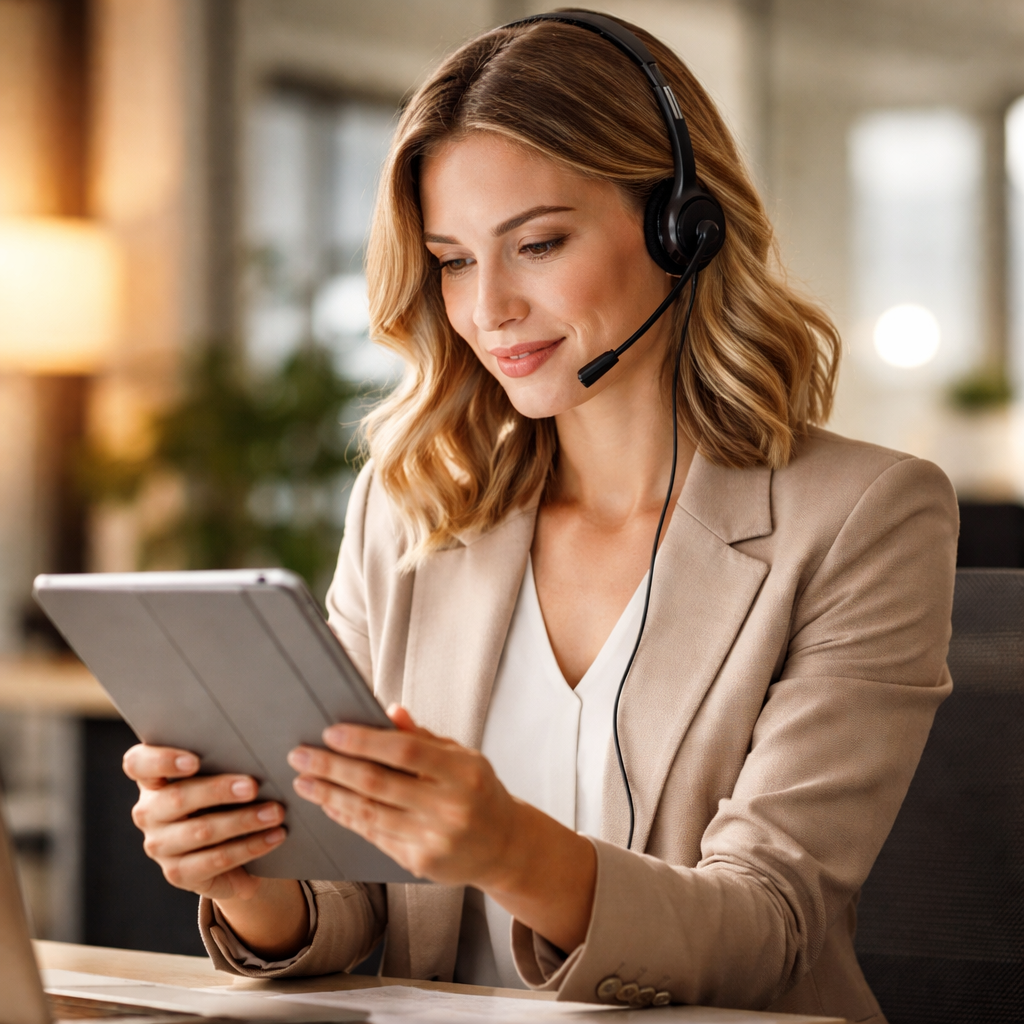 Customer support representative reviewing a case on a tablet