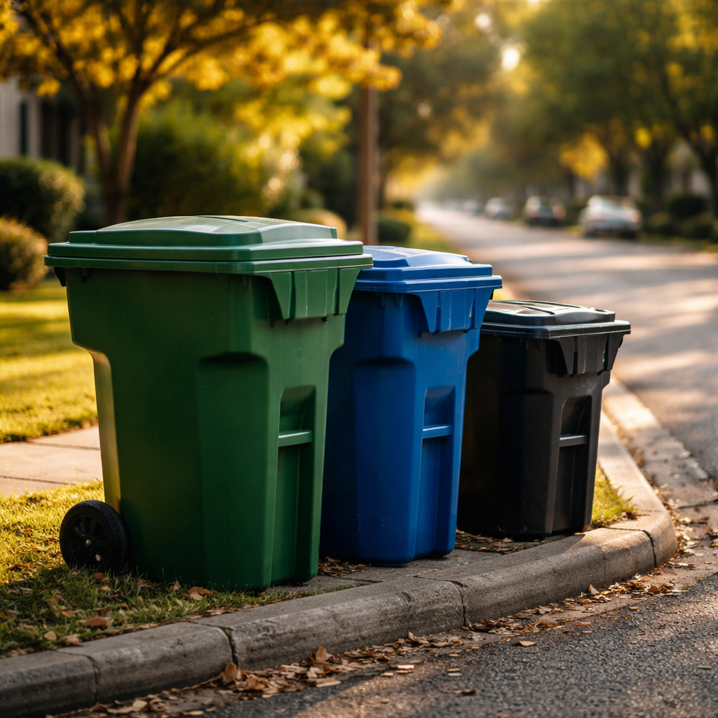 Garbage bins left at the curb after the truck has passed