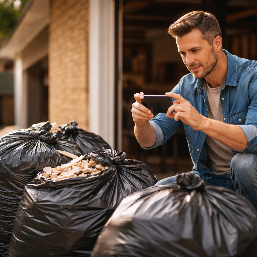 Homeowner taking a photo of bagged drywall debris with a smartphone