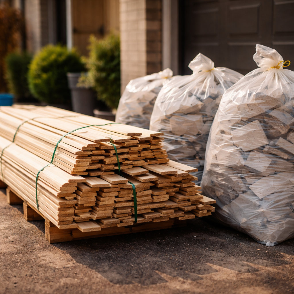 Neatly bundled wood trim and bagged drywall ready for pickup