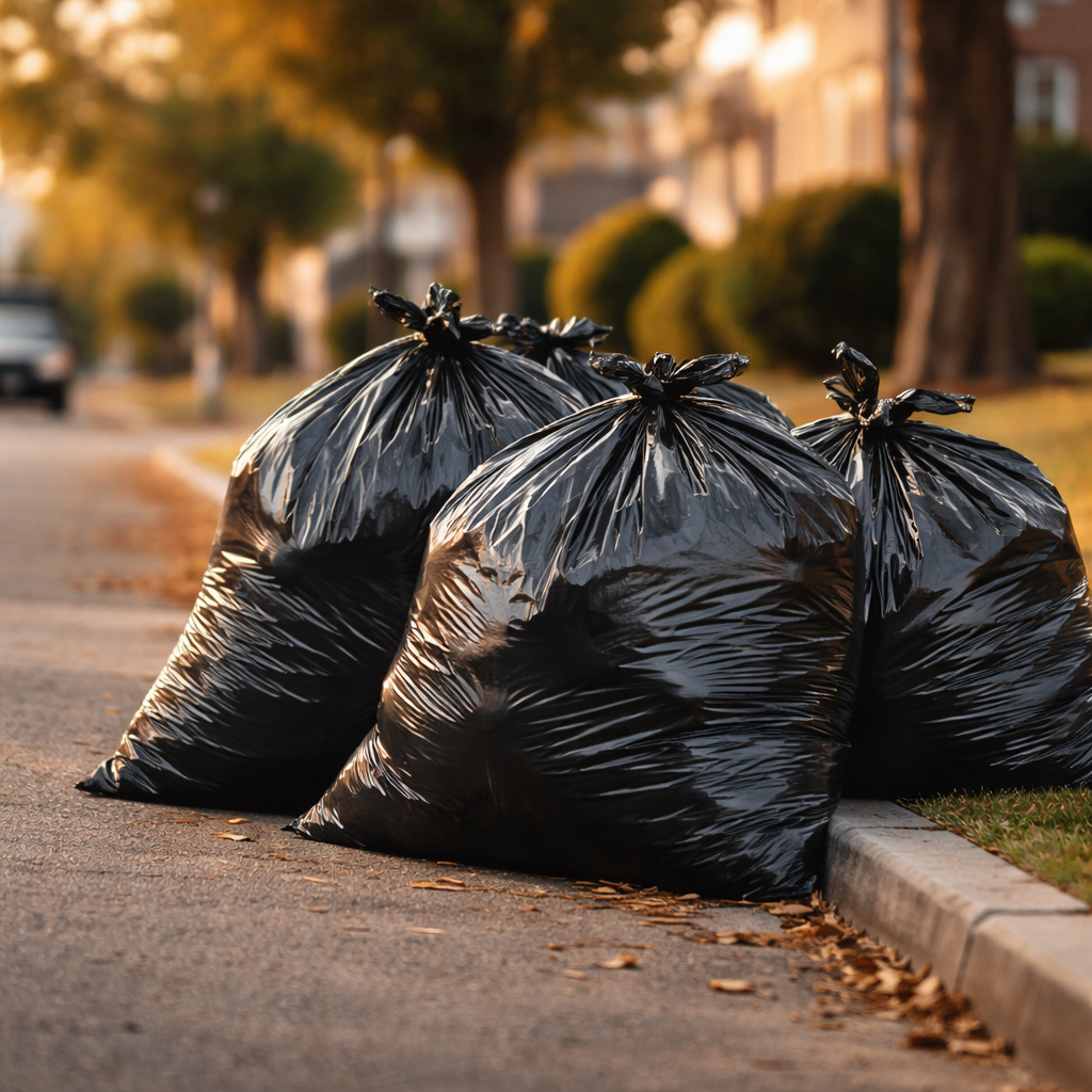 Neatly tied black garbage bags ready for pickup