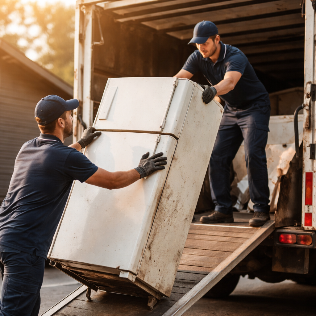 Old refrigerator being loaded onto a truck