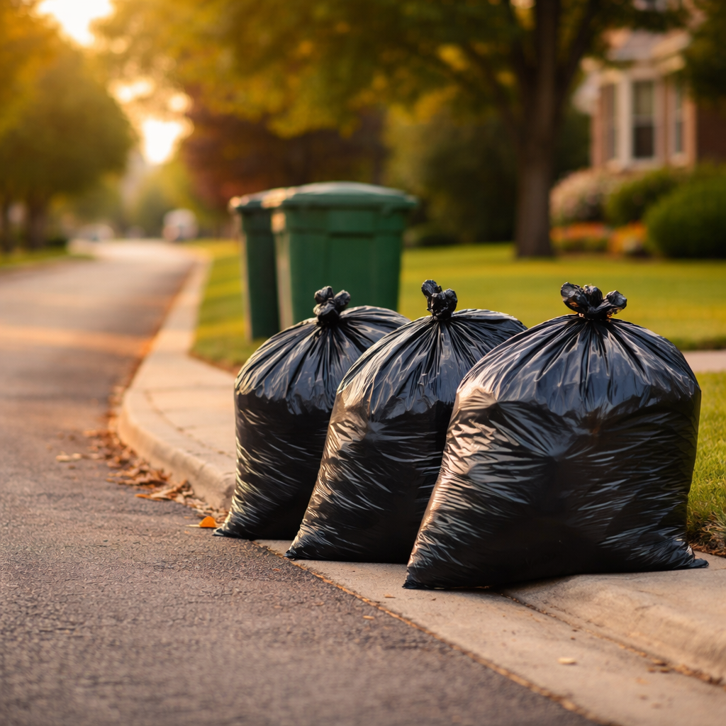 Properly placed garbage bags at the end of a driveway