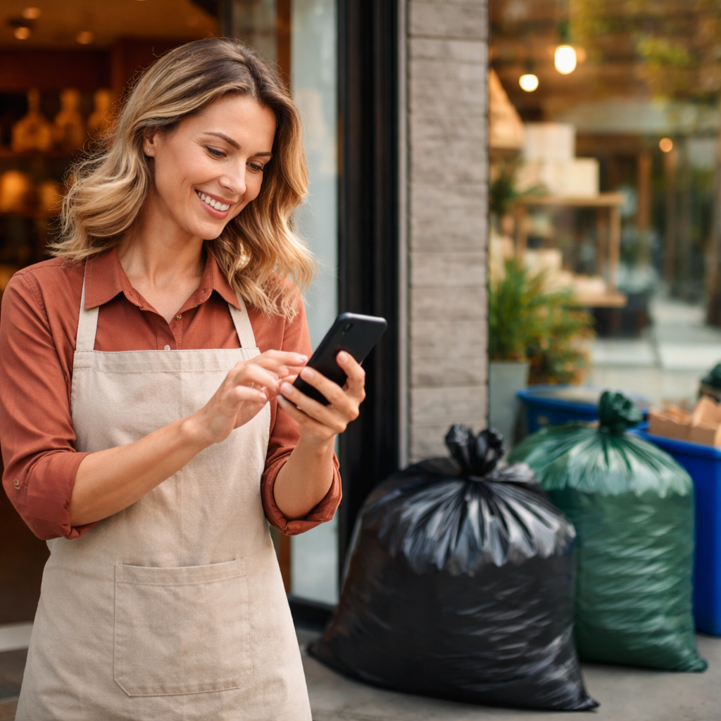 Small business owner using smartphone app to schedule garbage pickup outside their retail shop in Ontario