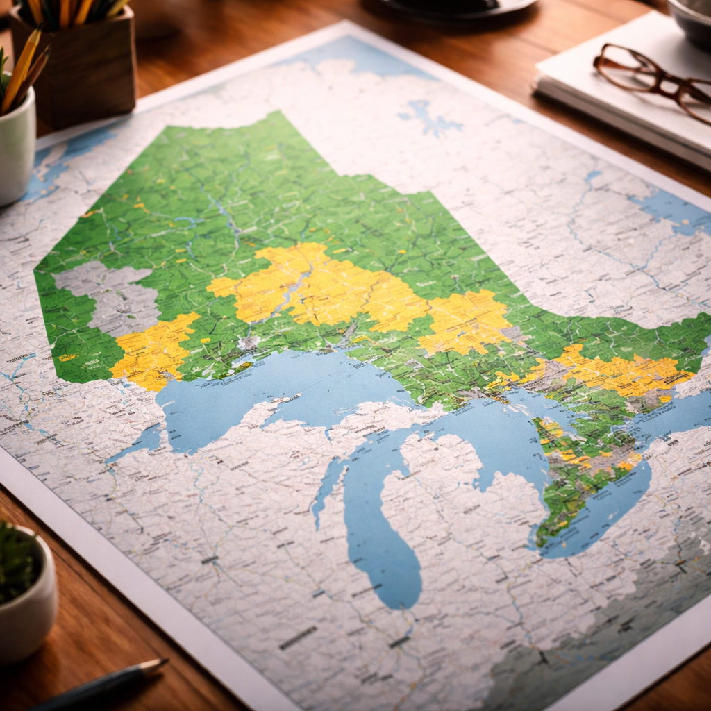 Stylized map of Ontario highlighting active garbage pickup service areas in green, upcoming areas in yellow, and waitlist zones in grey