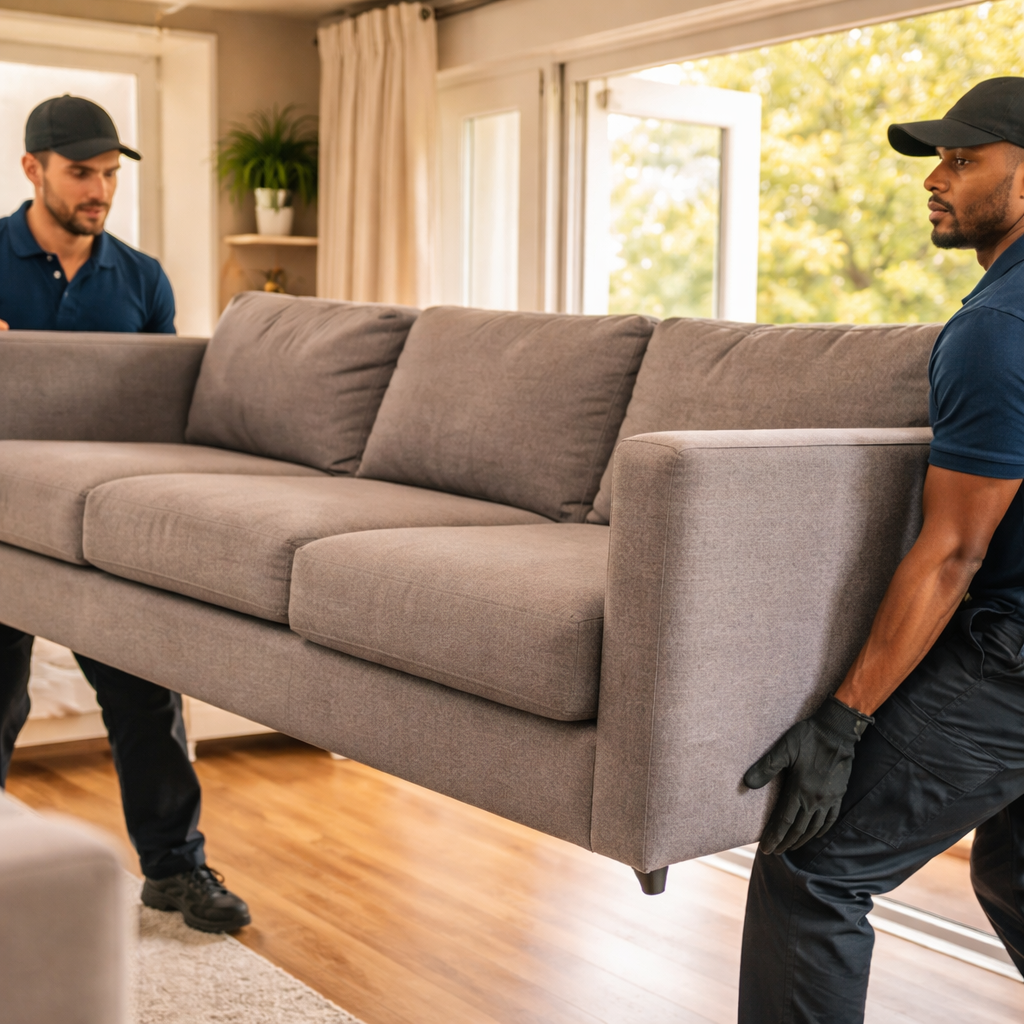 Team removing a large sectional couch from a living room
