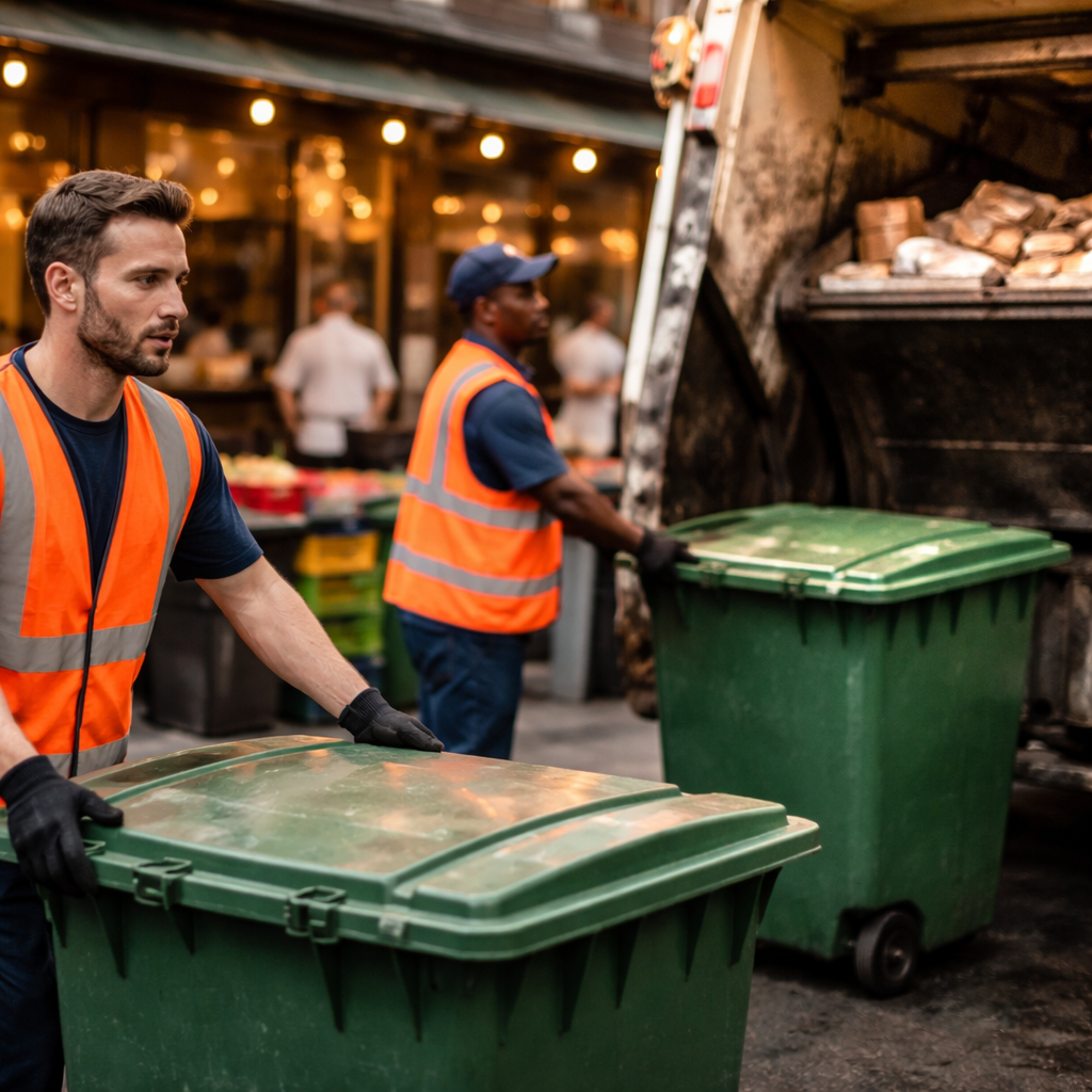 Weekly garbage pickup service clearing bins for a busy restaurant